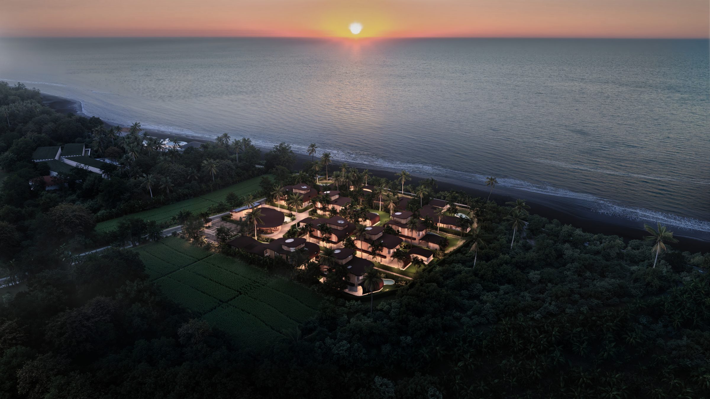 Aerial view of Keanu Residences at sunrise